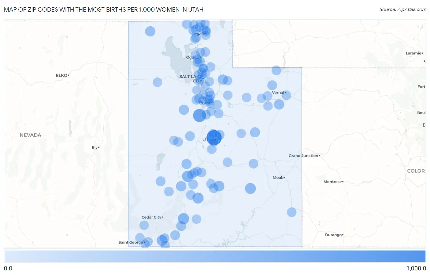 Zip Codes with the Most Births per 1,000 Women in Utah Map