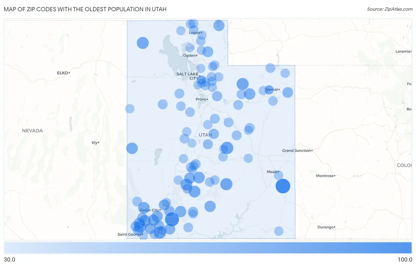 Zip Codes with the Oldest Population in Utah Map