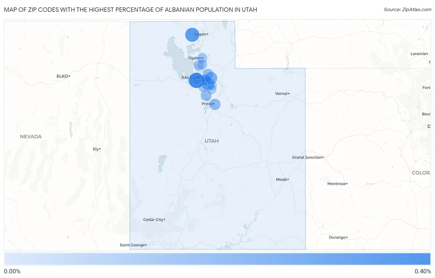 Zip Codes with the Highest Percentage of Albanian Population in Utah Map