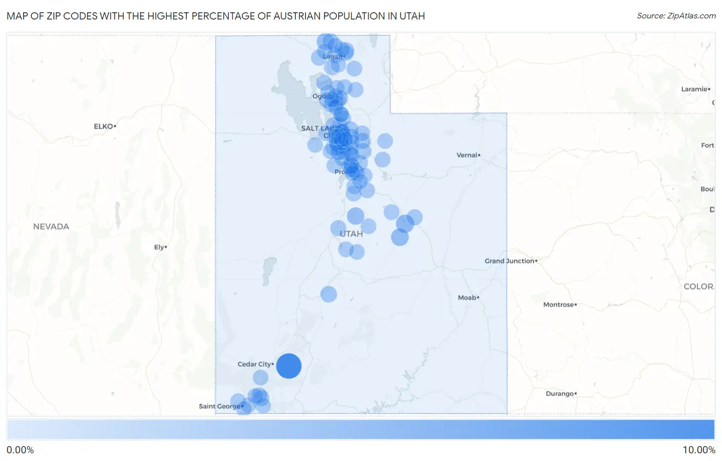 Zip Codes with the Highest Percentage of Austrian Population in Utah Map