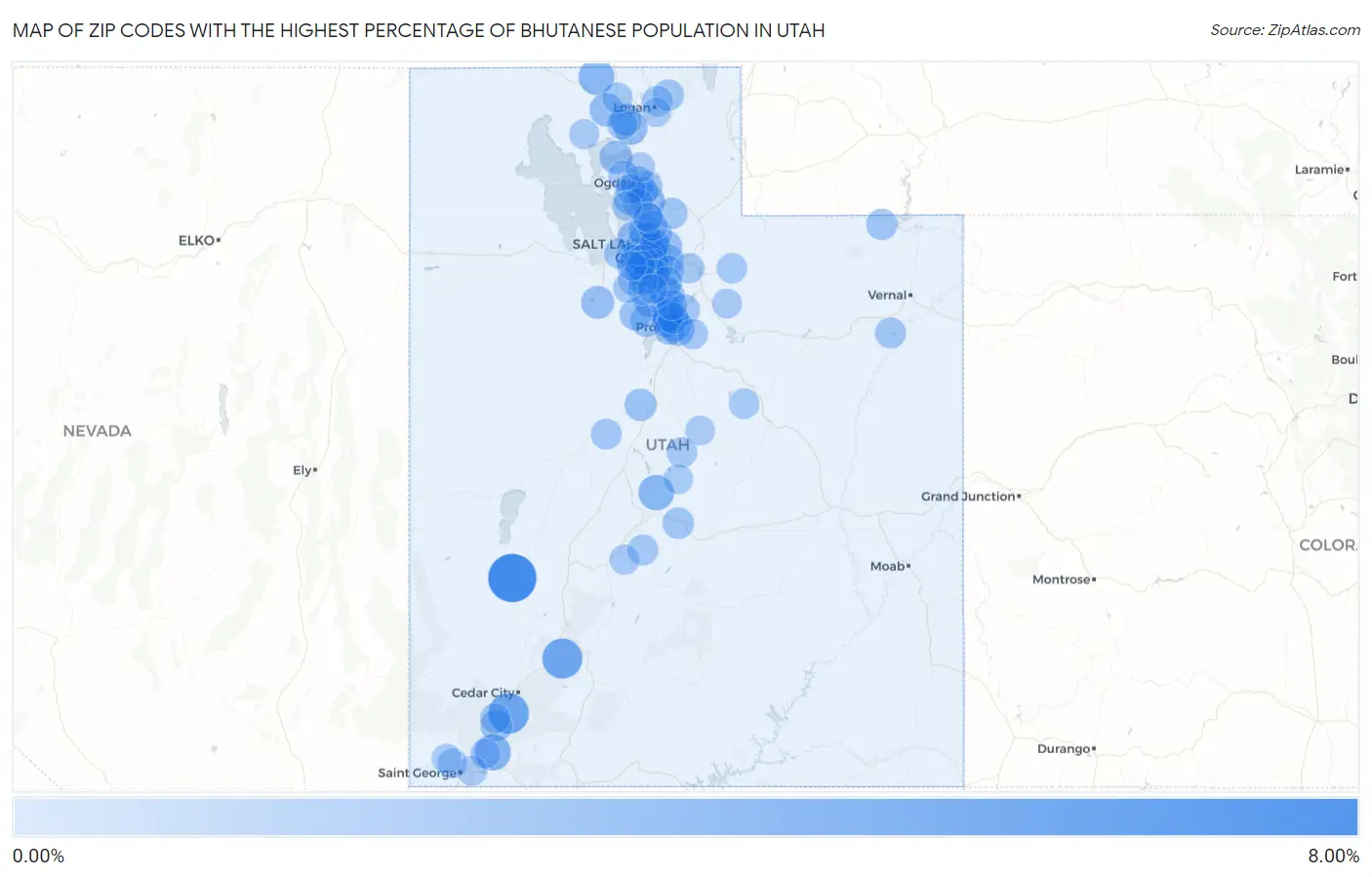 Zip Codes with the Highest Percentage of Bhutanese Population in Utah Map