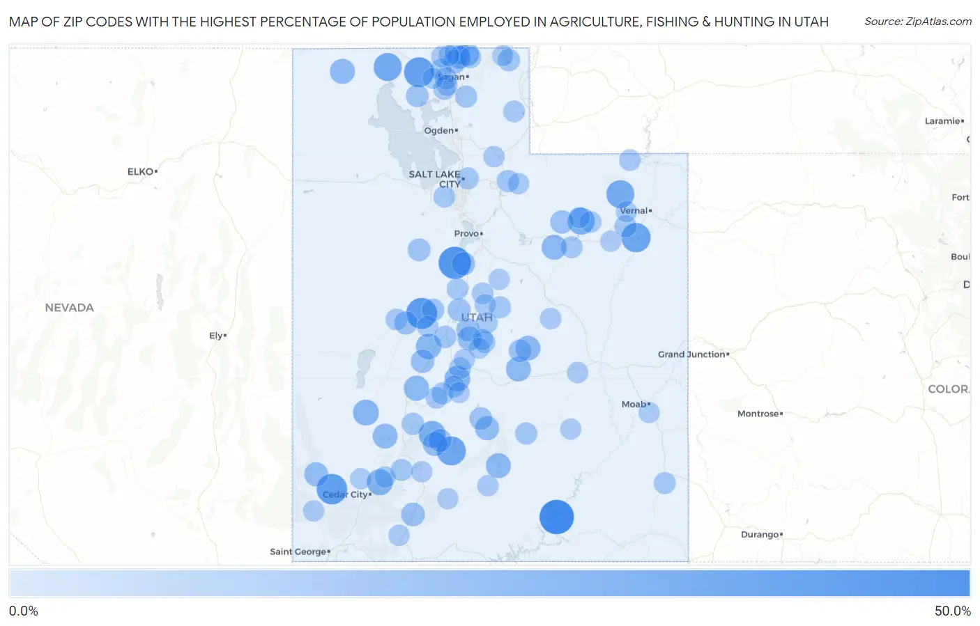 Zip Codes with the Highest Percentage of Population Employed in Agriculture, Fishing & Hunting in Utah Map