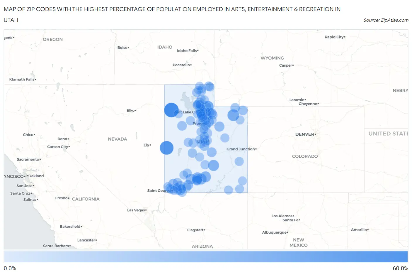 Zip Codes with the Highest Percentage of Population Employed in Arts, Entertainment & Recreation in Utah Map