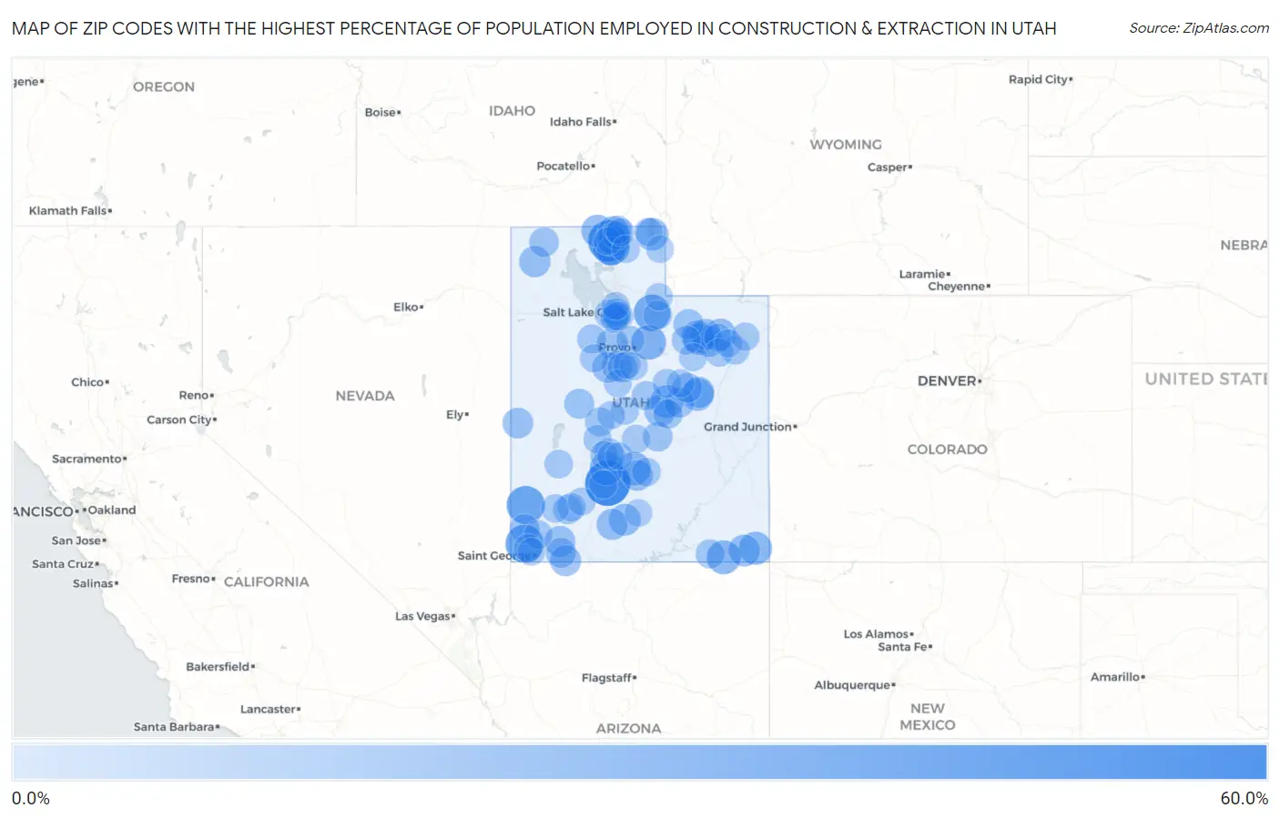 Zip Codes with the Highest Percentage of Population Employed in Construction & Extraction in Utah Map