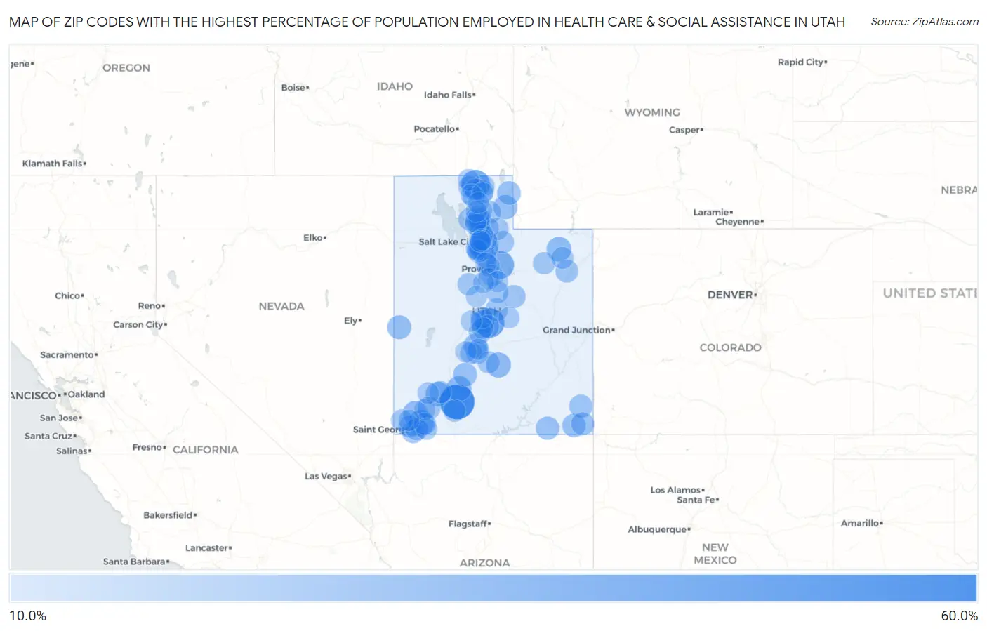 Zip Codes with the Highest Percentage of Population Employed in Health Care & Social Assistance in Utah Map