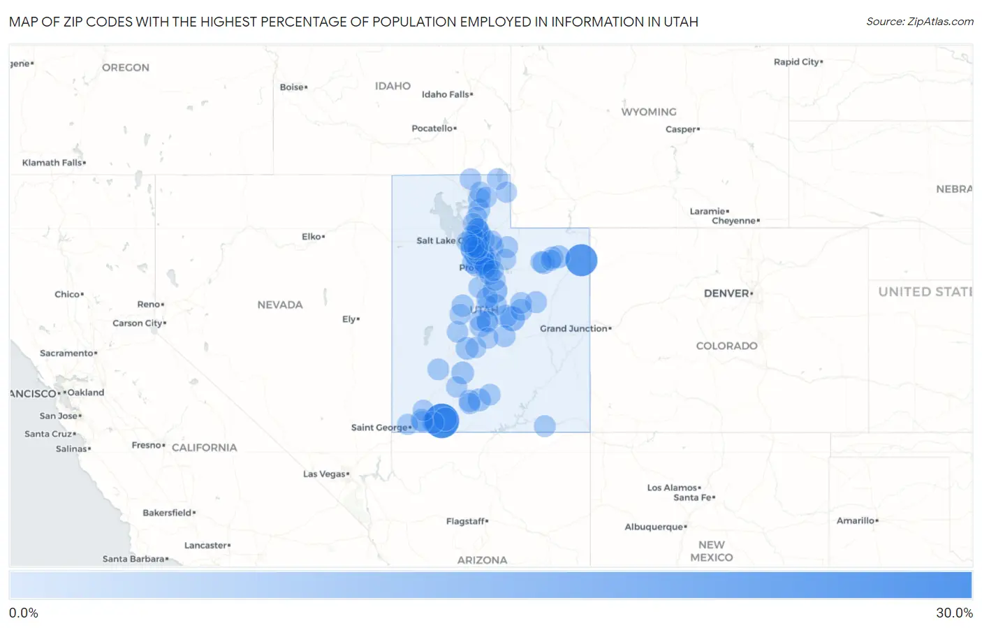 Zip Codes with the Highest Percentage of Population Employed in Information in Utah Map