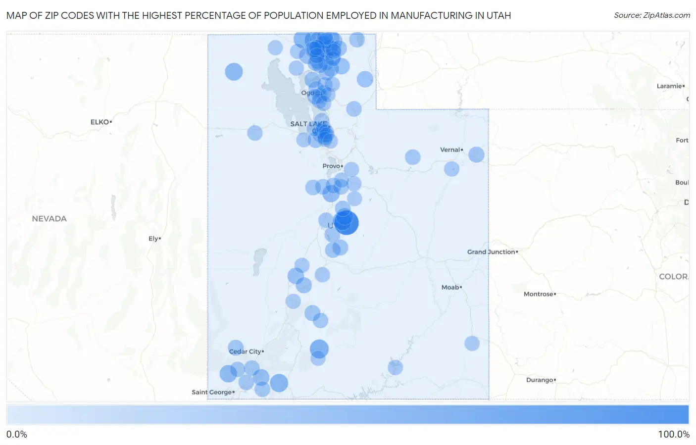 Zip Codes with the Highest Percentage of Population Employed in Manufacturing in Utah Map