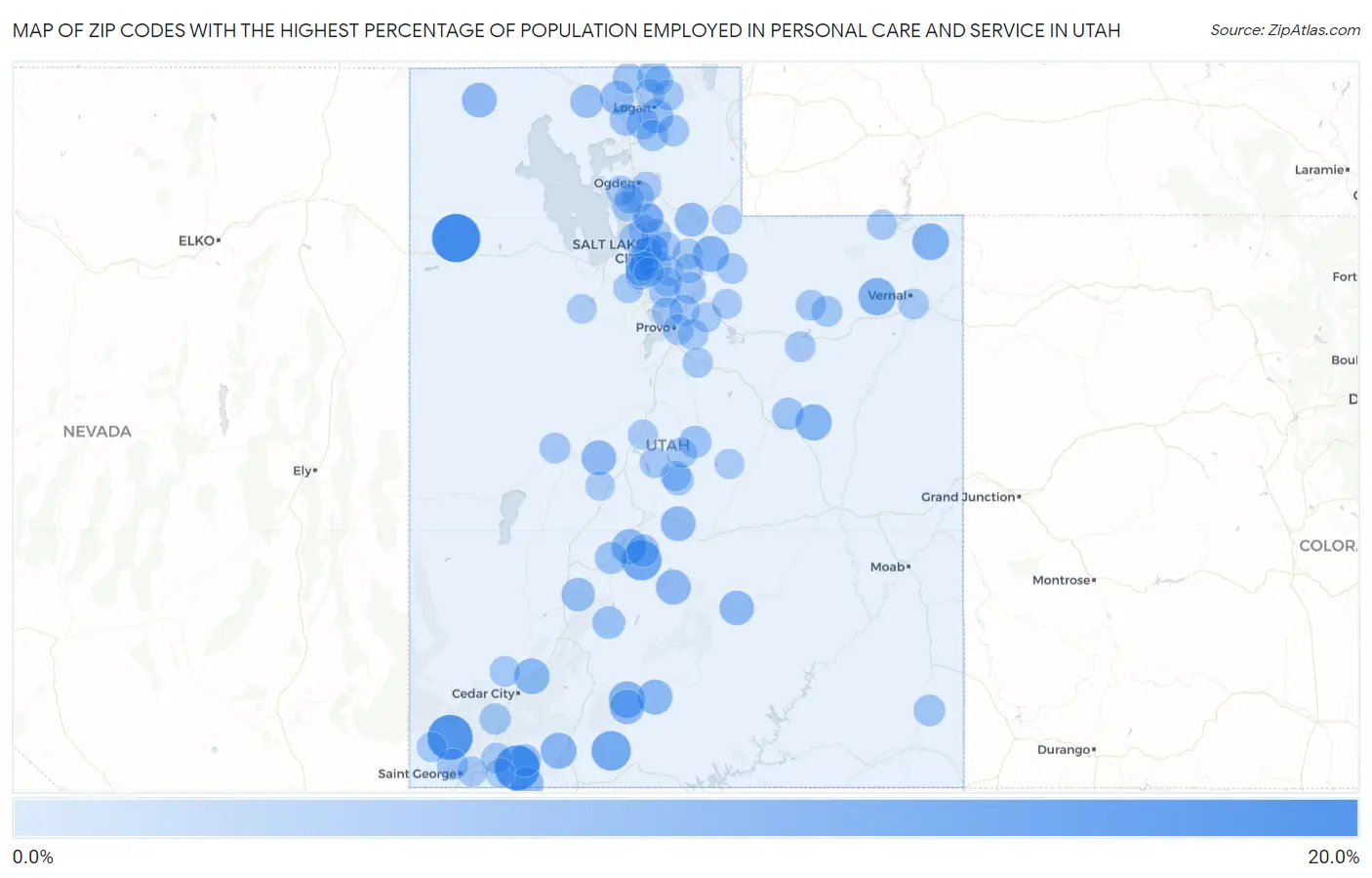 Zip Codes with the Highest Percentage of Population Employed in Personal Care and Service in Utah Map