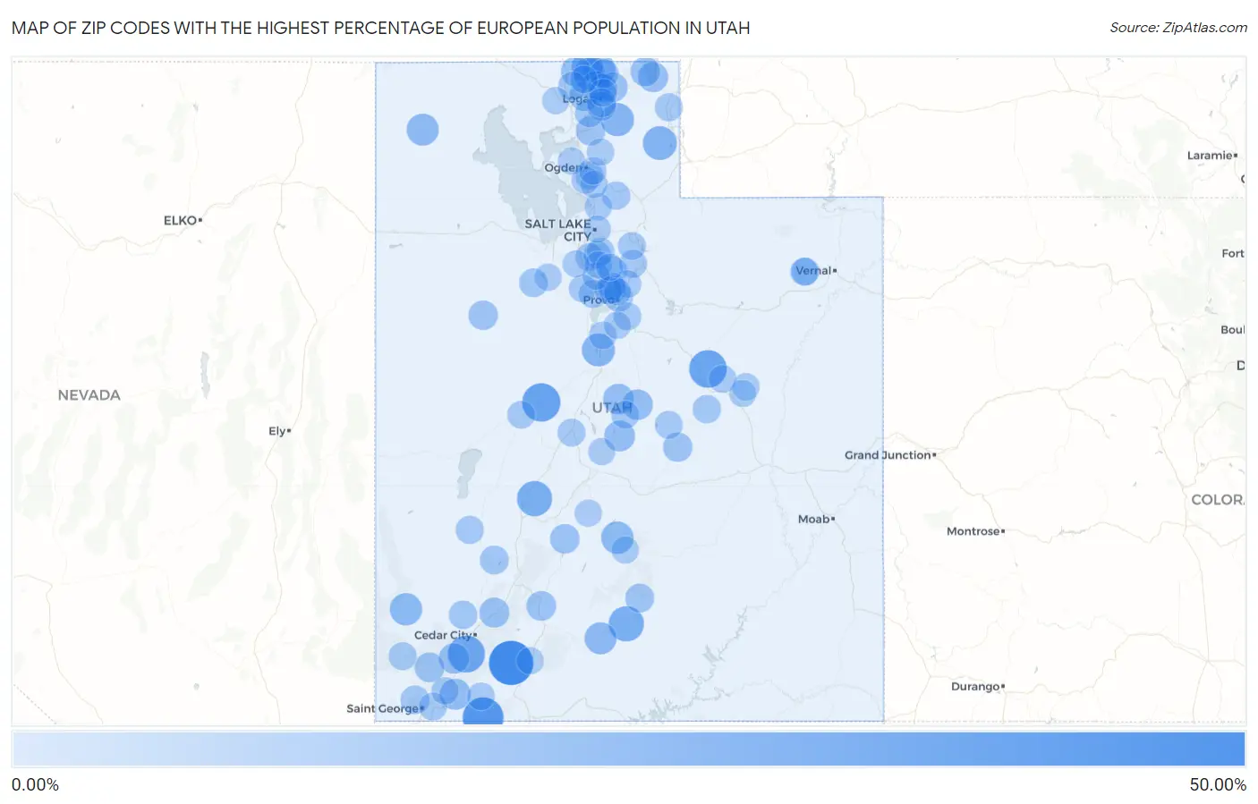 Zip Codes with the Highest Percentage of European Population in Utah Map