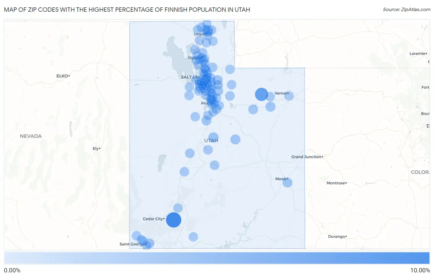 Zip Codes with the Highest Percentage of Finnish Population in Utah Map