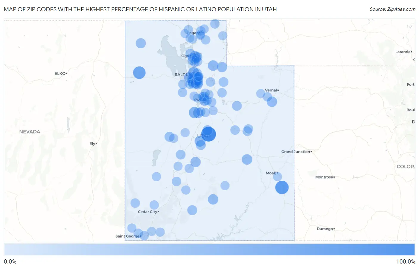 Zip Codes with the Highest Percentage of Hispanic or Latino Population in Utah Map