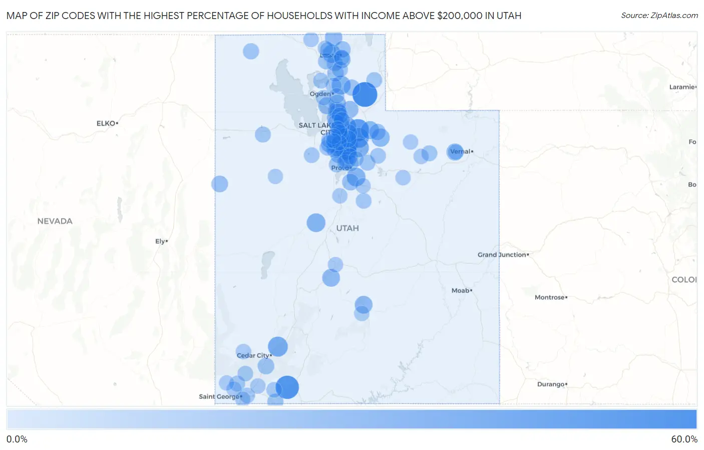 Zip Codes with the Highest Percentage of Households with Income Above $200,000 in Utah Map