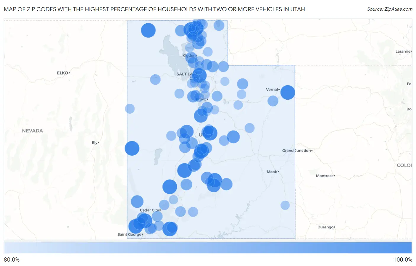 Zip Codes with the Highest Percentage of Households With Two or more Vehicles in Utah Map