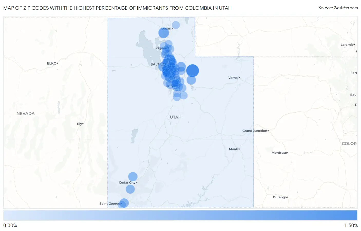 Zip Codes with the Highest Percentage of Immigrants from Colombia in Utah Map