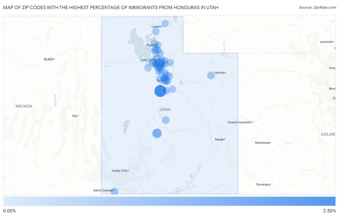 Zip Codes with the Highest Percentage of Immigrants from Honduras in Utah Map