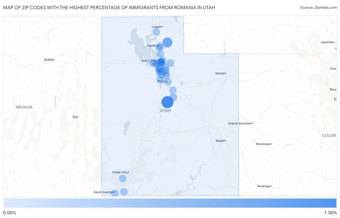 Zip Codes with the Highest Percentage of Immigrants from Romania in Utah Map