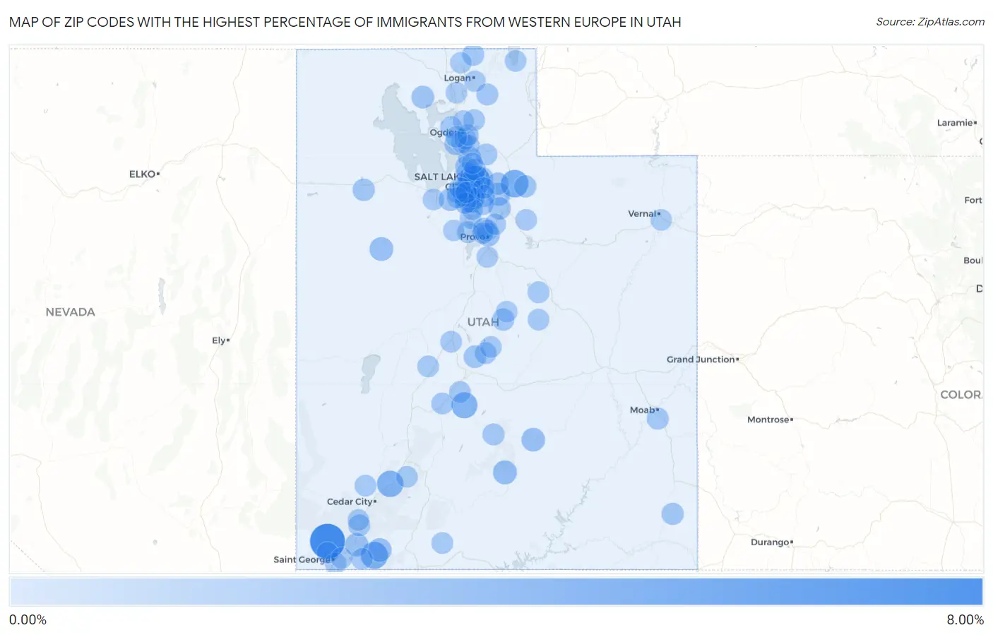 Zip Codes with the Highest Percentage of Immigrants from Western Europe in Utah Map