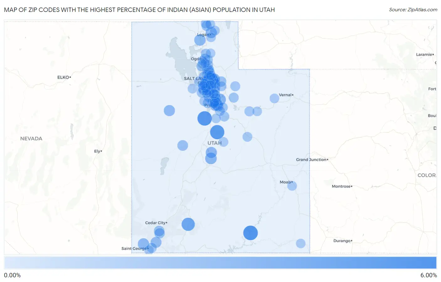 Zip Codes with the Highest Percentage of Indian (Asian) Population in Utah Map