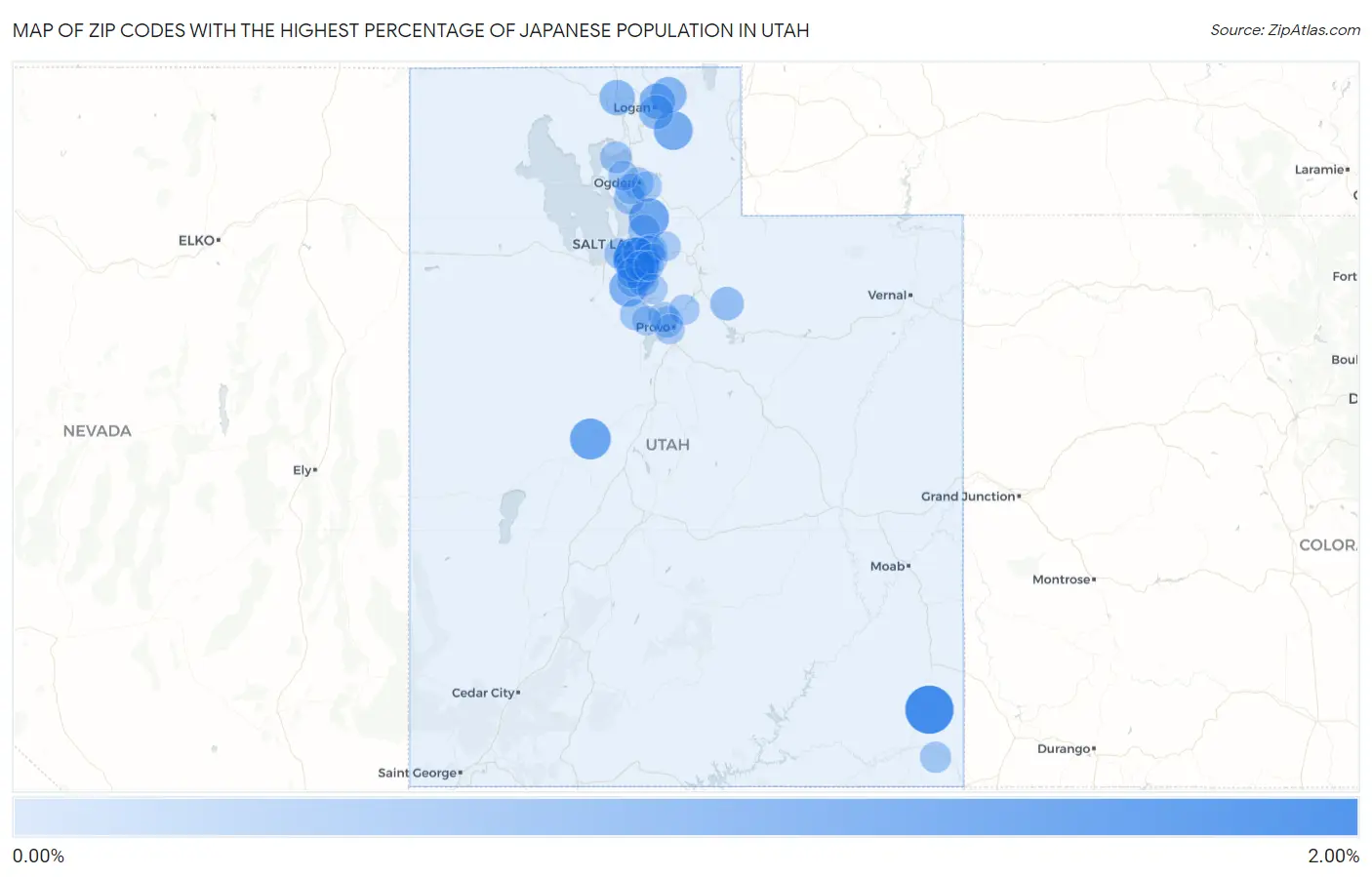 Zip Codes with the Highest Percentage of Japanese Population in Utah Map