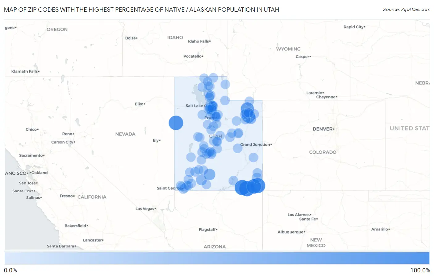 Zip Codes with the Highest Percentage of Native / Alaskan Population in Utah Map