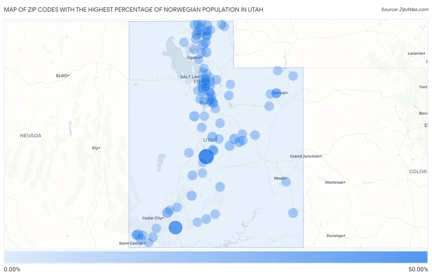Zip Codes with the Highest Percentage of Norwegian Population in Utah Map