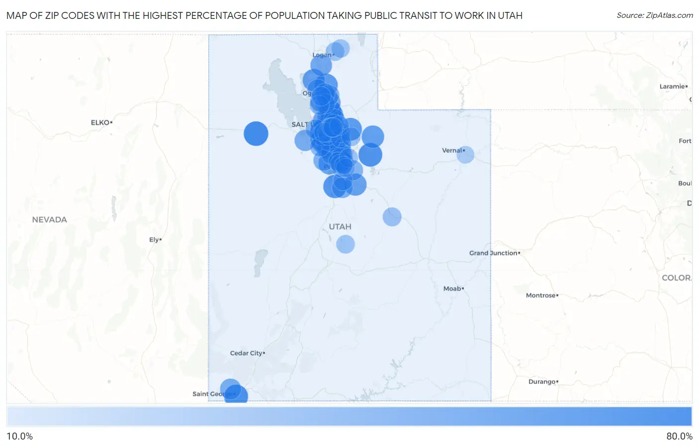 Zip Codes with the Highest Percentage of Population Taking Public Transit to Work in Utah Map