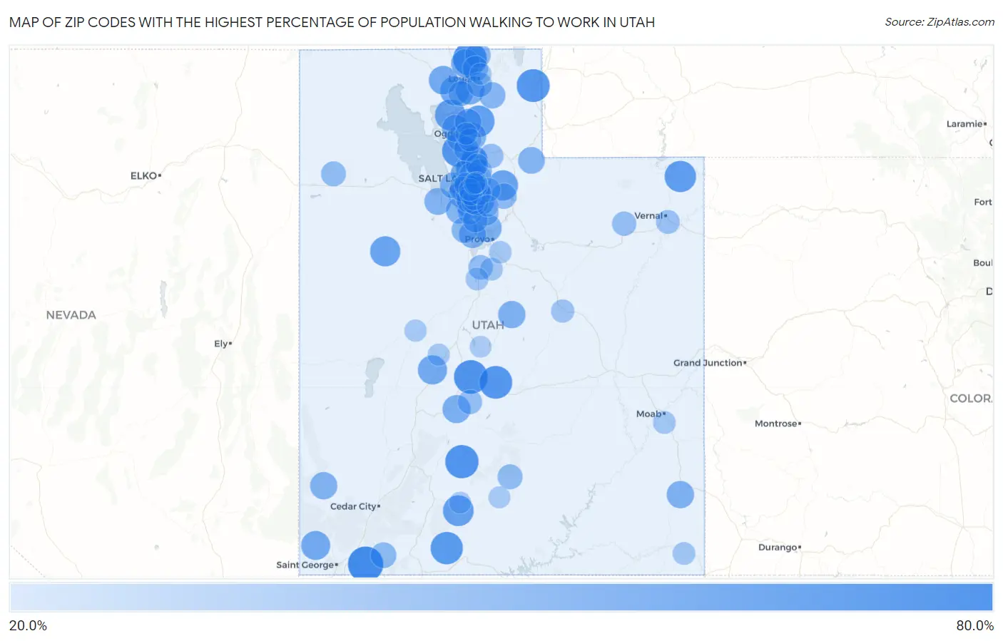 Zip Codes with the Highest Percentage of Population Walking to Work in Utah Map