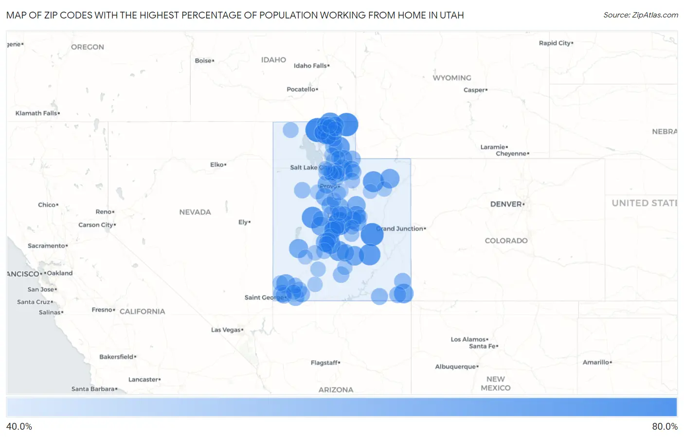 Zip Codes with the Highest Percentage of Population Working from Home in Utah Map