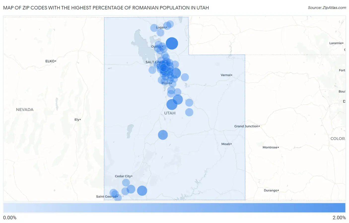 Zip Codes with the Highest Percentage of Romanian Population in Utah Map