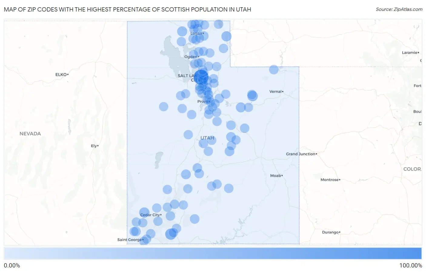 Zip Codes with the Highest Percentage of Scottish Population in Utah Map