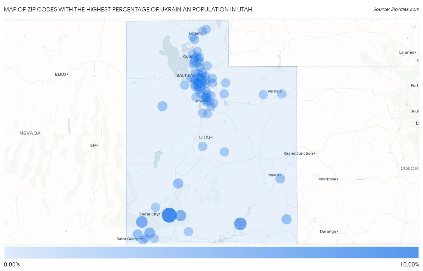 Zip Codes with the Highest Percentage of Ukrainian Population in Utah Map