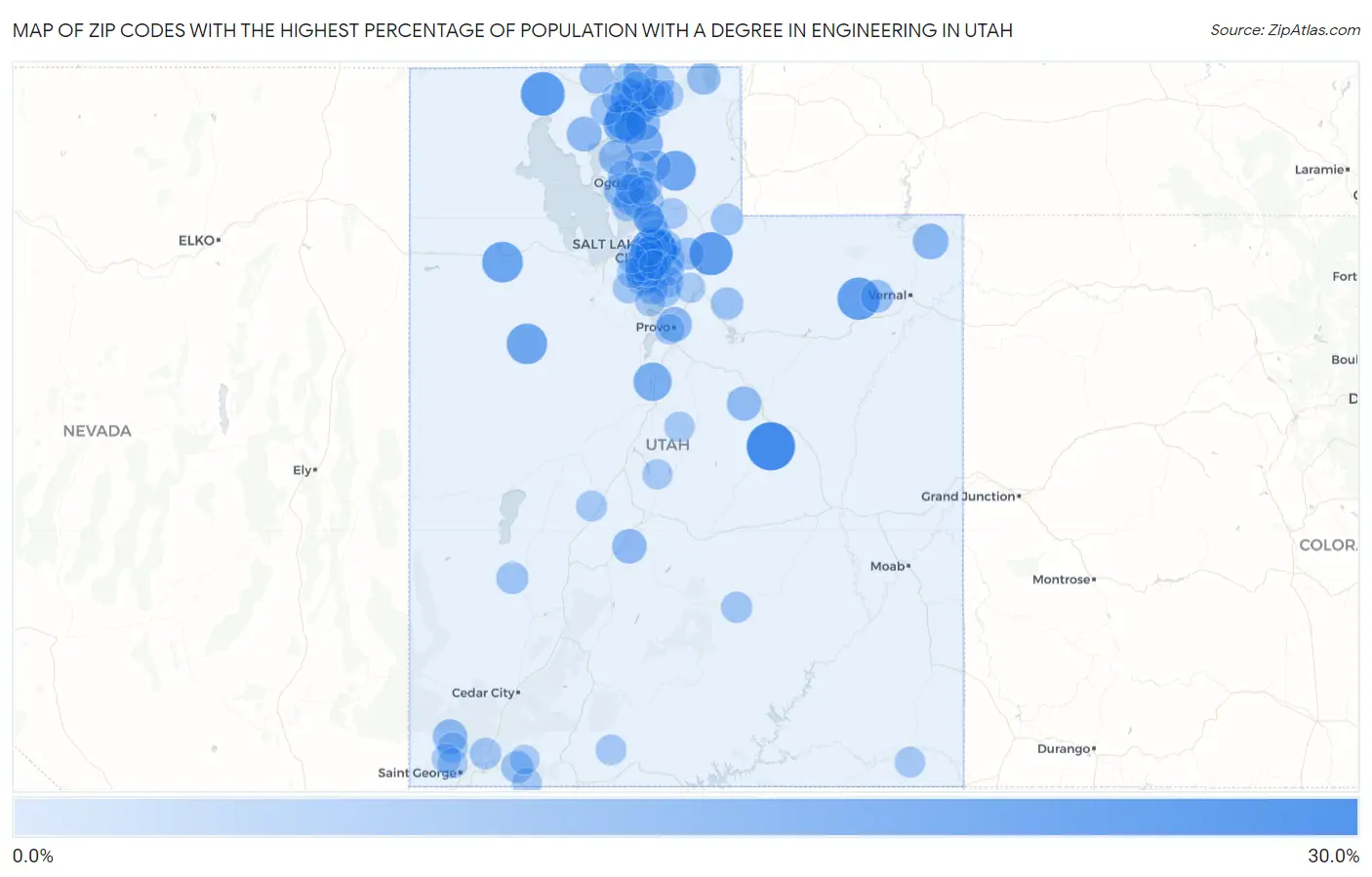 Zip Codes with the Highest Percentage of Population with a Degree in Engineering in Utah Map