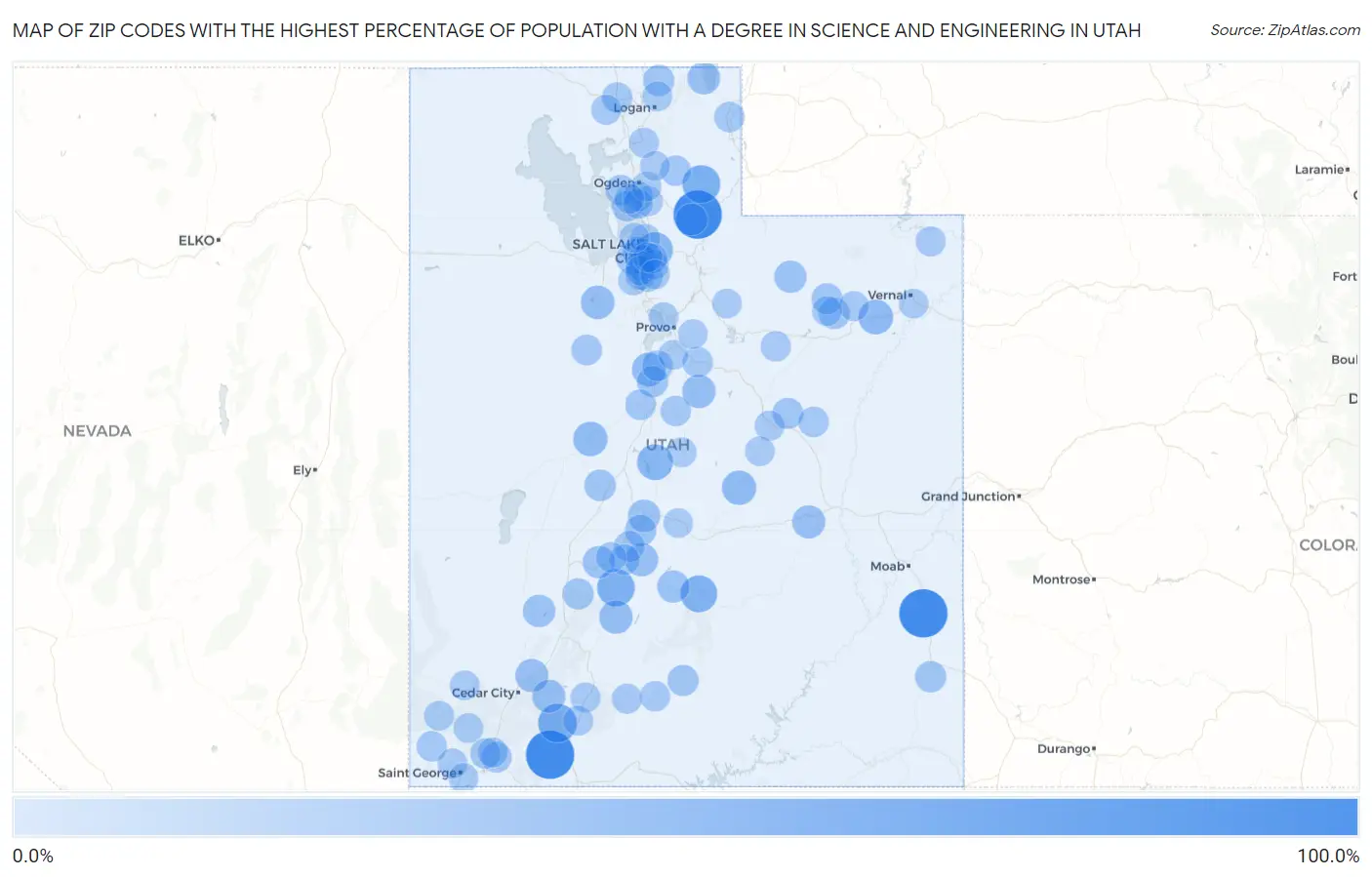 Zip Codes with the Highest Percentage of Population with a Degree in Science and Engineering in Utah Map