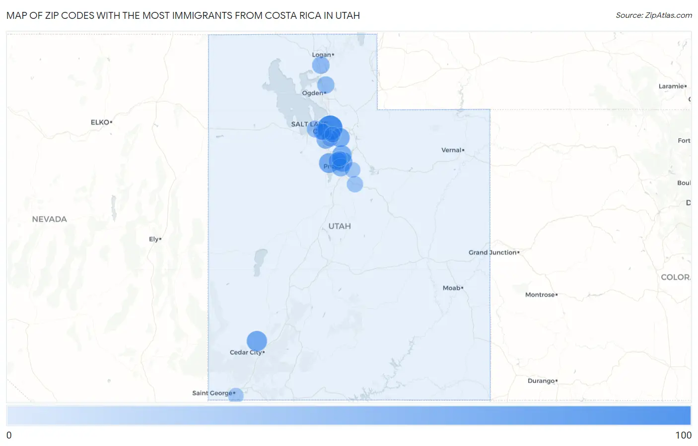 Zip Codes with the Most Immigrants from Costa Rica in Utah Map