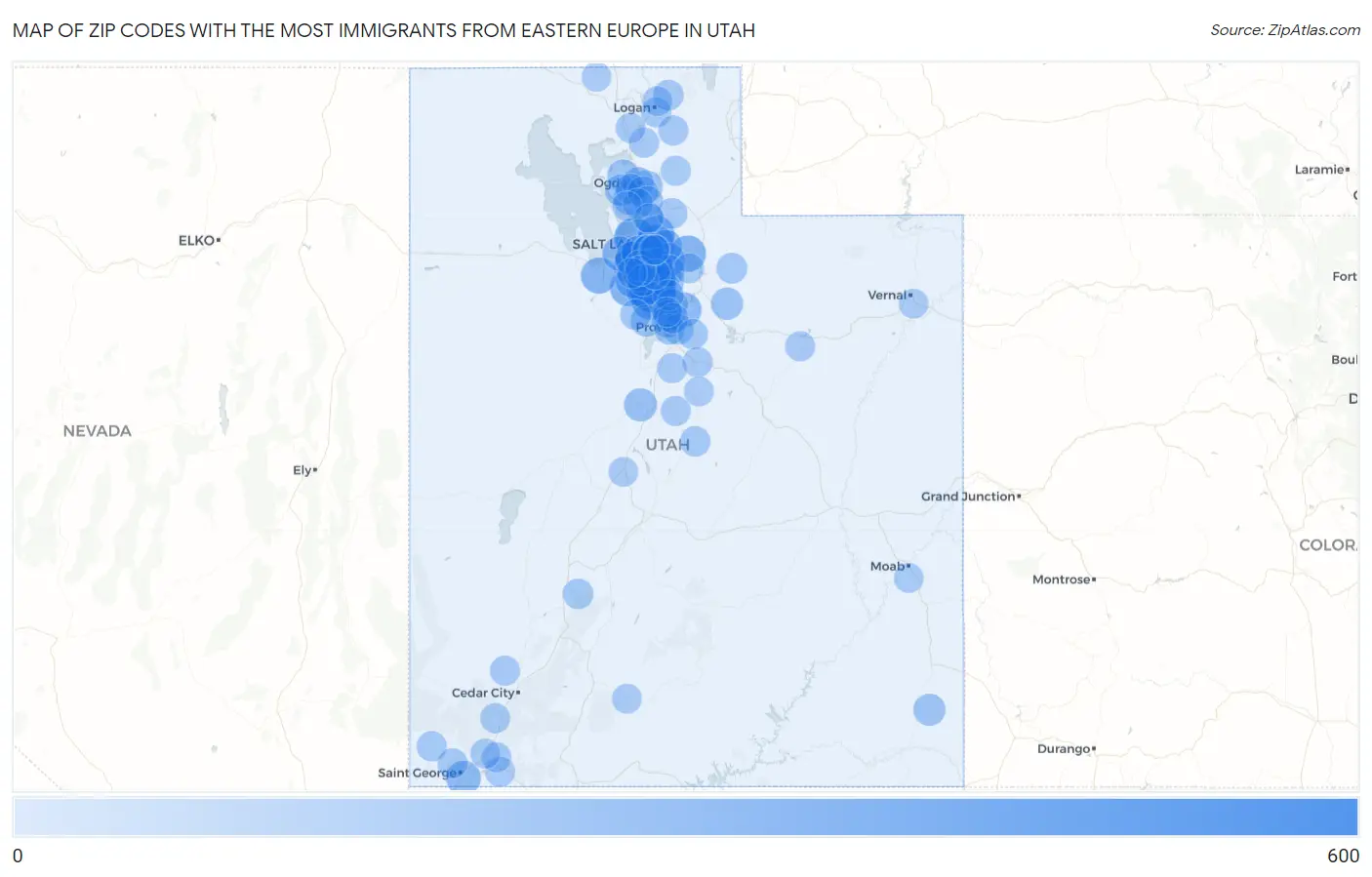 Zip Codes with the Most Immigrants from Eastern Europe in Utah Map