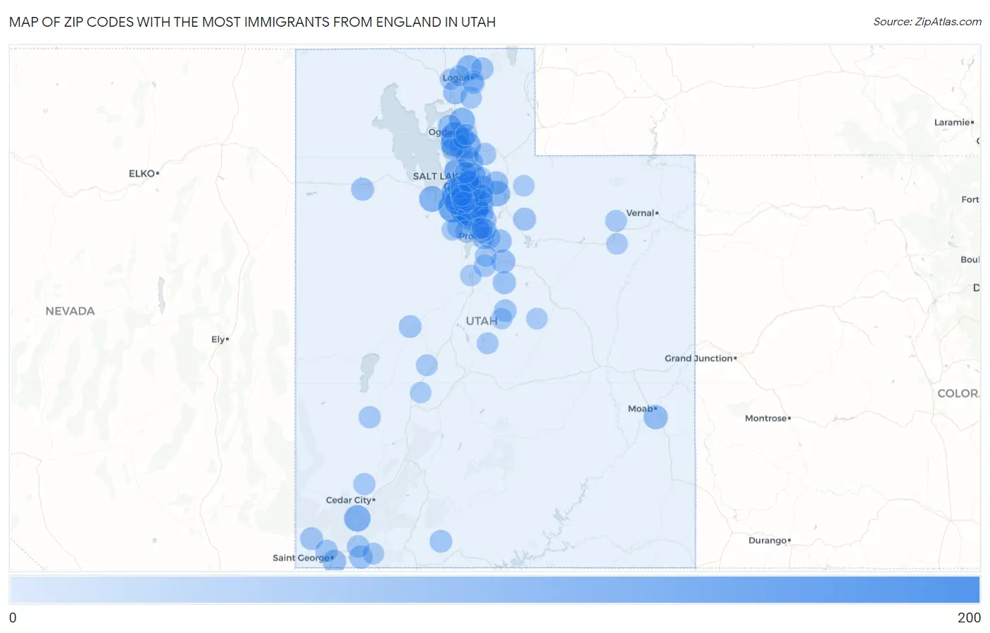 Zip Codes with the Most Immigrants from England in Utah Map