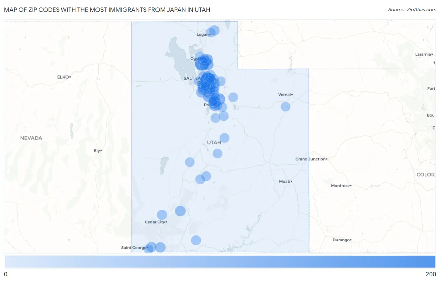 Zip Codes with the Most Immigrants from Japan in Utah Map