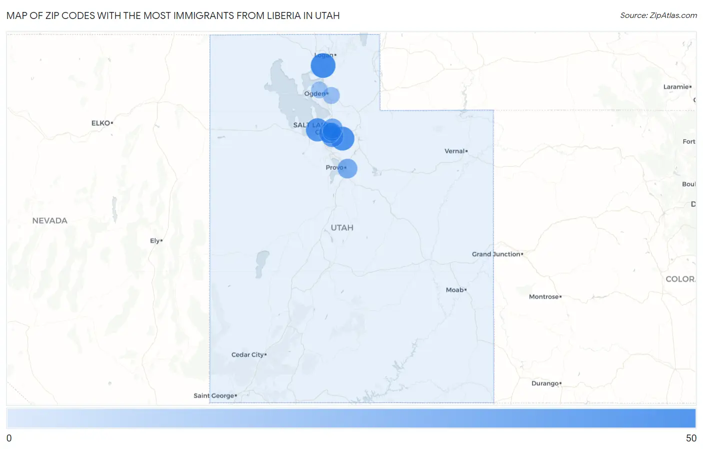 Zip Codes with the Most Immigrants from Liberia in Utah Map