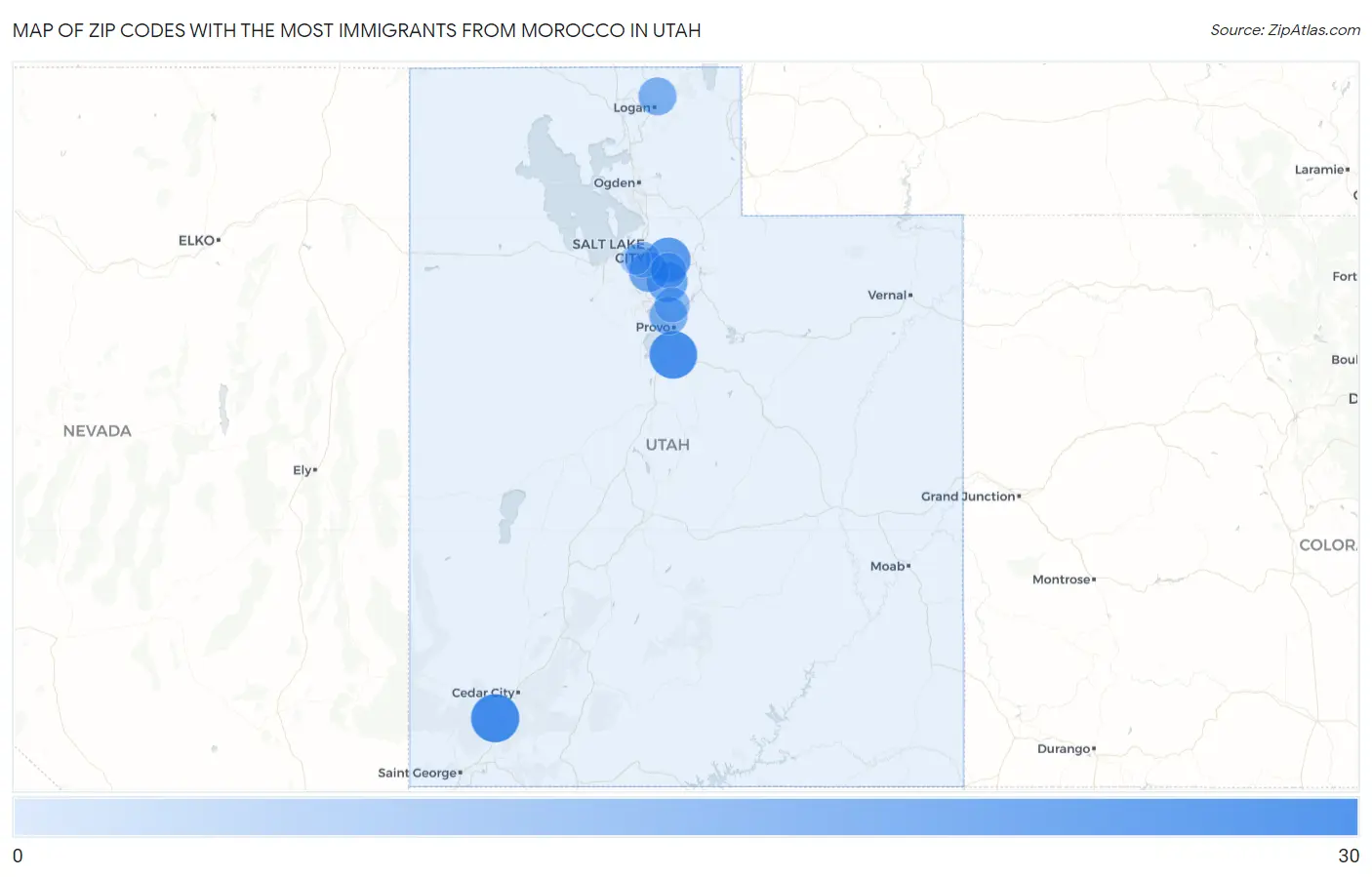Zip Codes with the Most Immigrants from Morocco in Utah Map