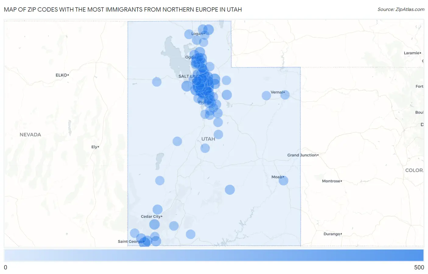 Zip Codes with the Most Immigrants from Northern Europe in Utah Map
