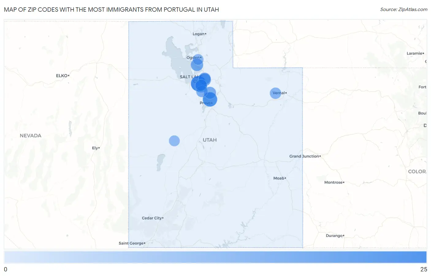 Zip Codes with the Most Immigrants from Portugal in Utah Map