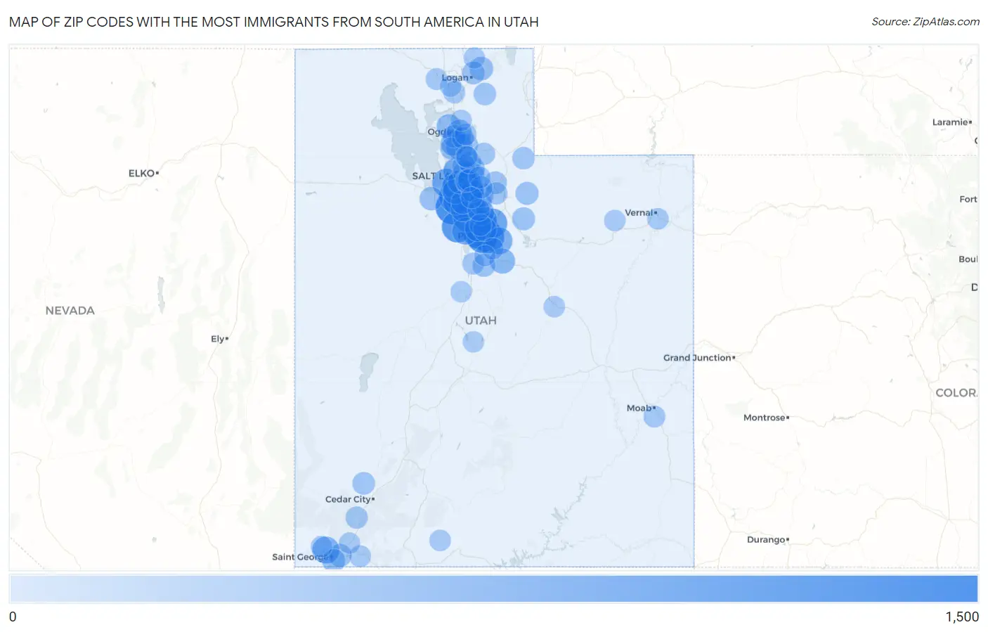Zip Codes with the Most Immigrants from South America in Utah Map