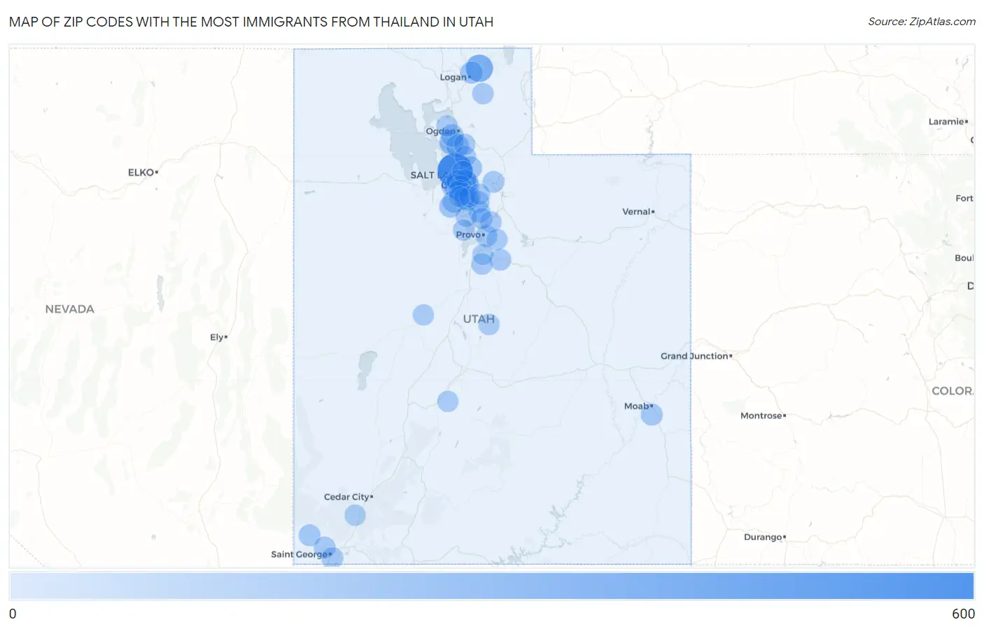 Zip Codes with the Most Immigrants from Thailand in Utah Map