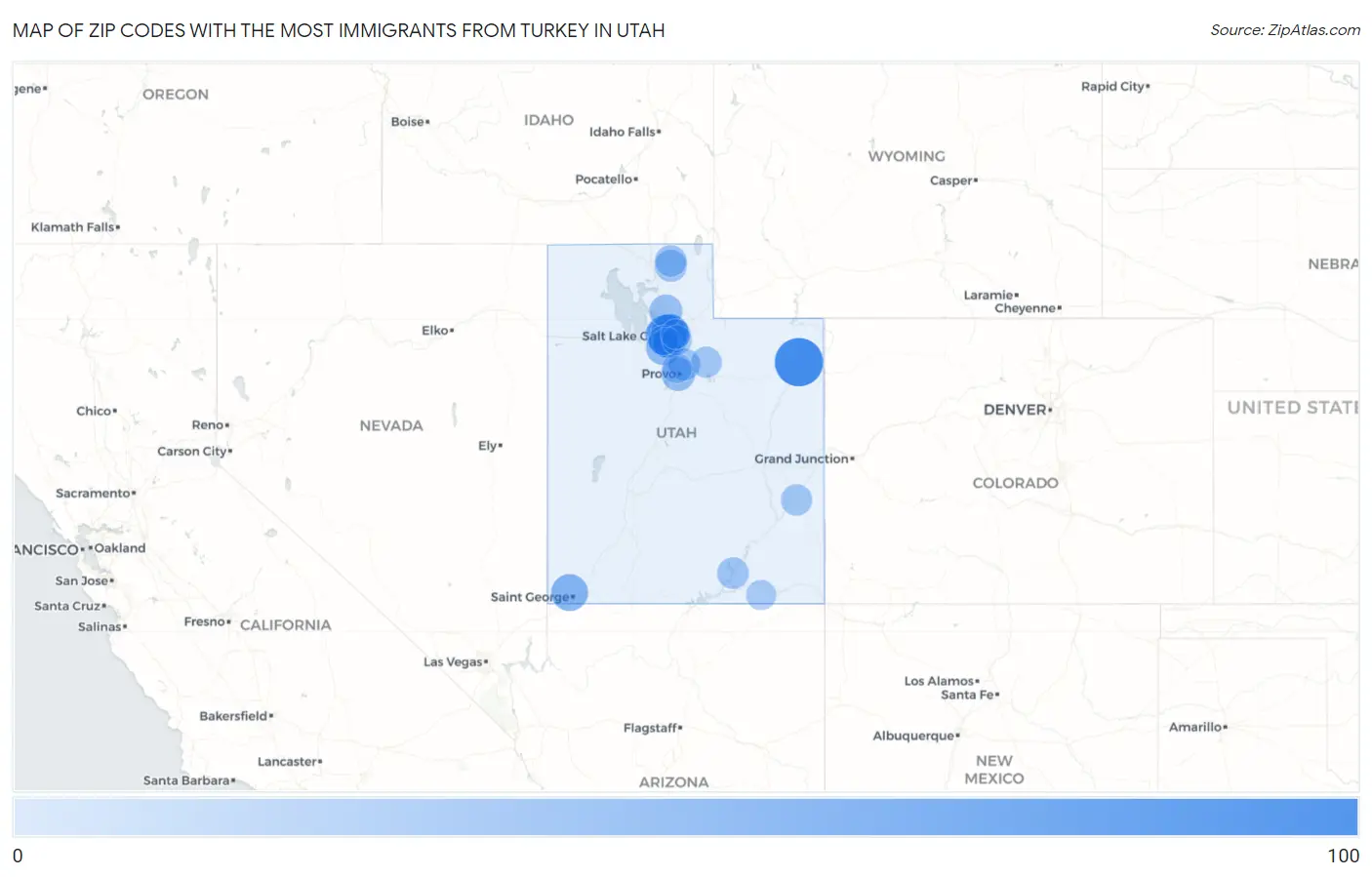 Zip Codes with the Most Immigrants from Turkey in Utah Map