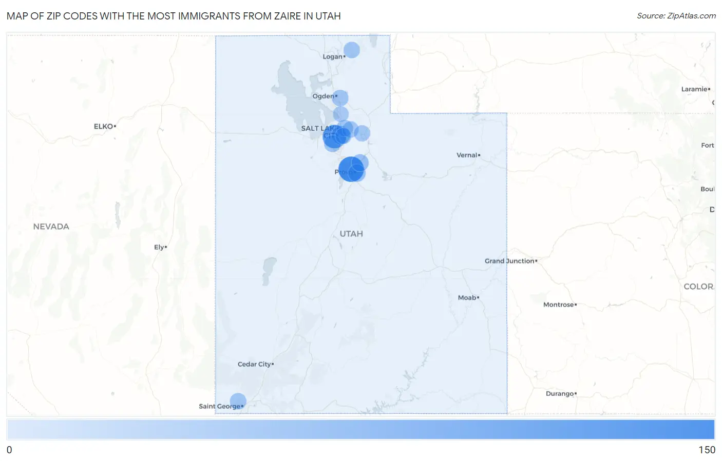 Zip Codes with the Most Immigrants from Zaire in Utah Map