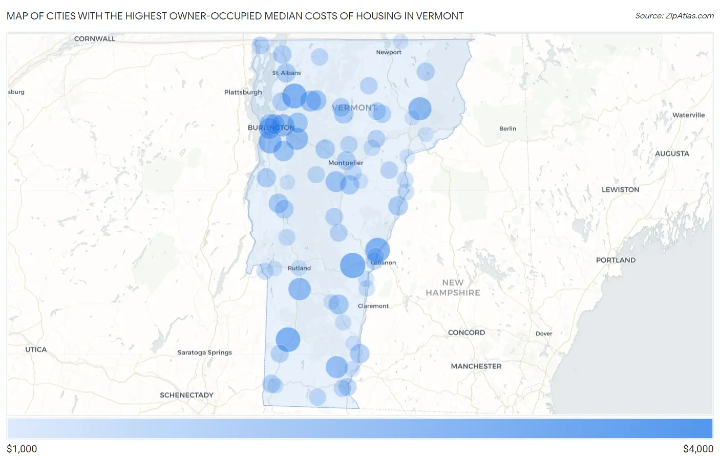 Cities with the Highest Owner-Occupied Median Costs of Housing in Vermont Map