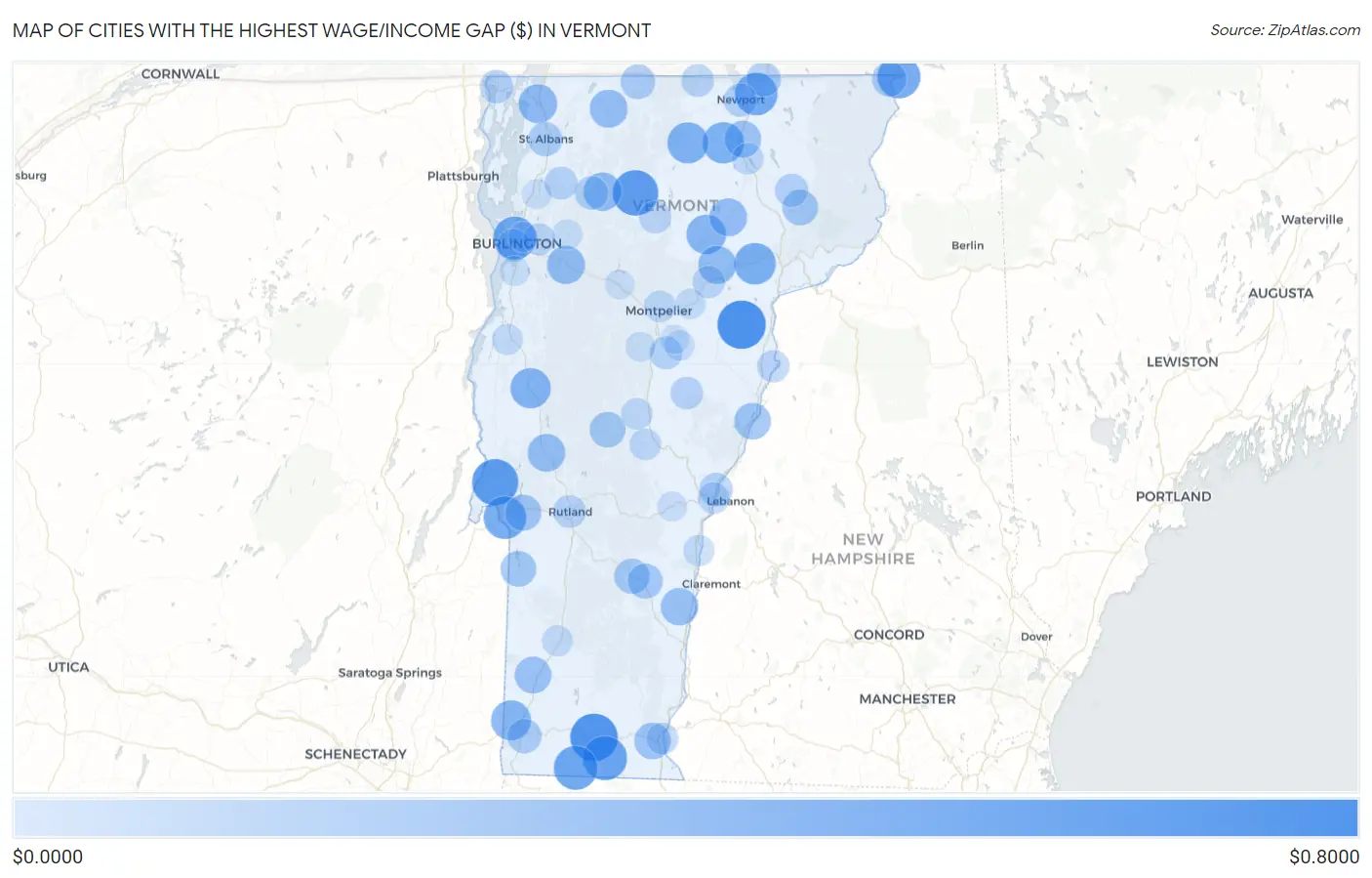 Cities with the Highest Wage/Income Gap ($) in Vermont Map