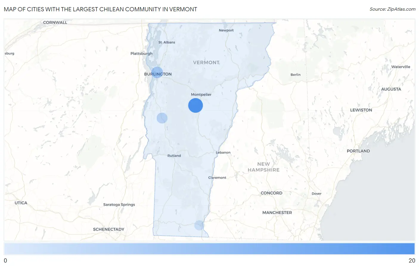 Cities with the Largest Chilean Community in Vermont Map
