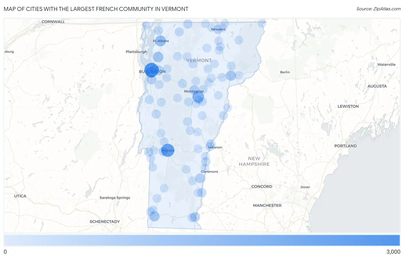 Cities with the Largest French Community in Vermont Map