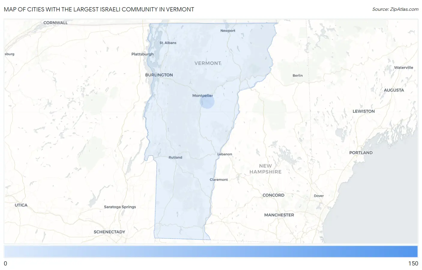 Cities with the Largest Israeli Community in Vermont Map